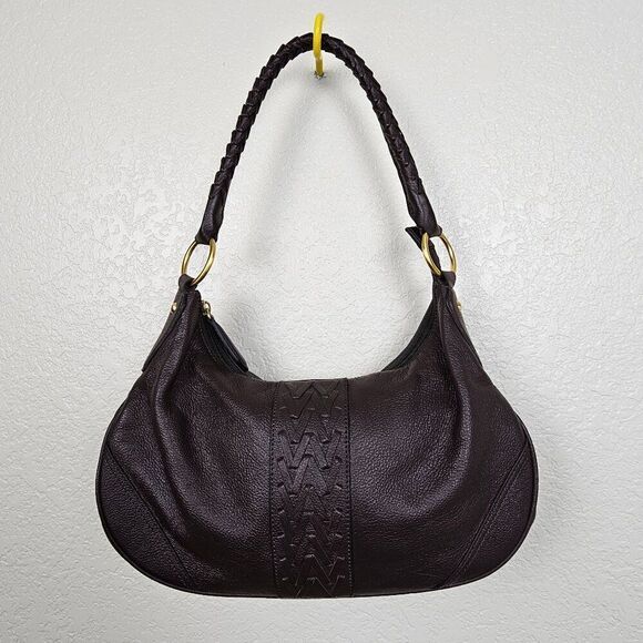Wilsons Leather Handbag Chocolate Brown Hobo Shoulder Braided Handle Woven Trim - Picture 1 of 16